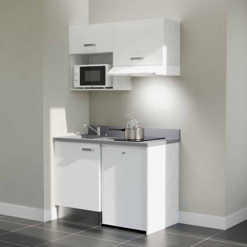 Kitchenette 120 cm K02L équipée avec électroménager blanc inclus - façades blanches, plan travail gris évier à gauche Kitchenette 120 cm K02L équipée avec électroménager blanc inclus - façades blanches, plan travail gris évier à gauche