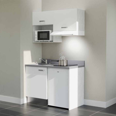 Kitchenette 120 cm K02L équipée avec électroménager blanc inclus - façades blanches, plan travail gris évier à gauche
