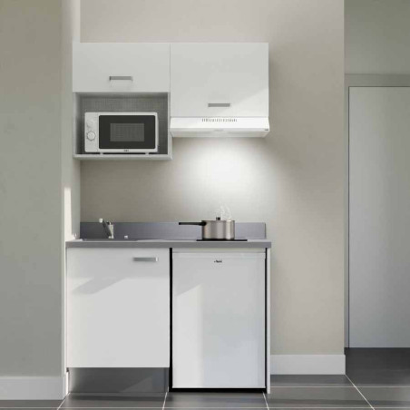 Kitchenette 120 cm K02L équipée avec électroménager blanc inclus - façades blanches, plan travail gris évier à gauche