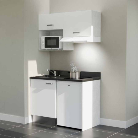 Kitchenette 120 cm K02L équipée avec électroménager blanc inclus - façades blanches, plan travail noir évier à gauche