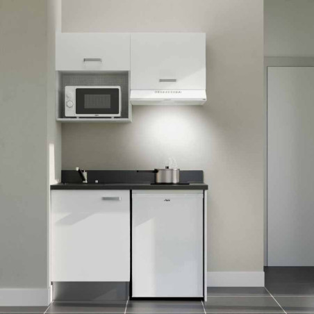 Kitchenette 120 cm K02L équipée avec électroménager blanc inclus - façades blanches, plan travail noir évier à gauche