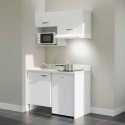 Kitchenette 120 cm K02L équipée avec électroménager blanc inclus - façades blanches, plan travail blanc évier à gauche