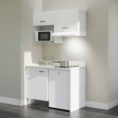 Kitchenette 120 cm K02L équipée avec électroménager blanc inclus - façades blanches, plan travail blanc évier à gauche