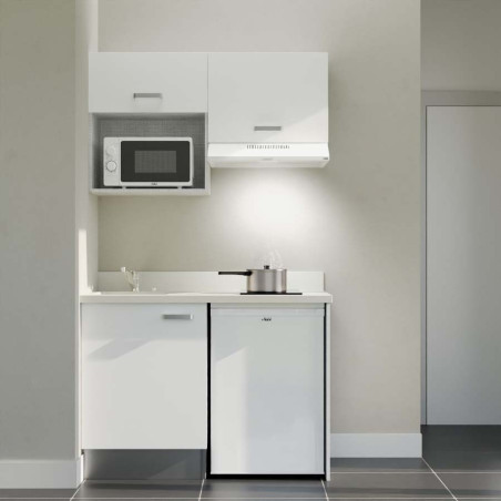 Kitchenette 120 cm K02L équipée avec électroménager blanc inclus - façades blanches, plan travail blanc évier à gauche