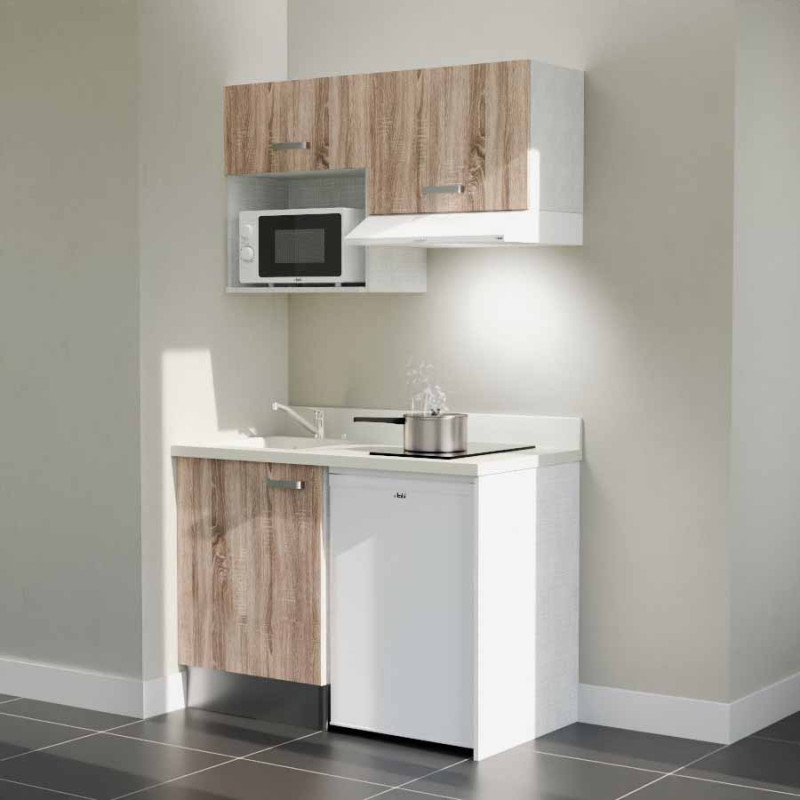 Kitchenette 120 cm K02L équipée avec électroménager blanc inclus - façades bois, plan travail blanc évier à gauche Kitchenette 120 cm K02L équipée avec électroménager blanc inclus - façades bois, plan travail blanc évier à gauche