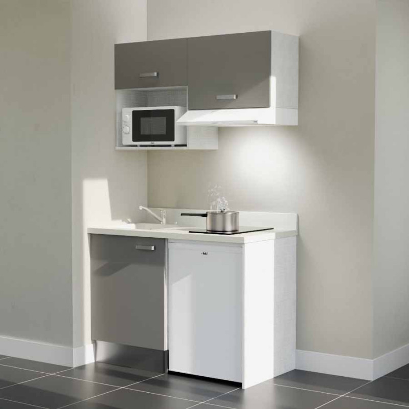 Kitchenette 120 cm K02L équipée avec électroménager blanc inclus - façades grises, plan travail blanc évier à gauche Kitchenette 120 cm K02L équipée avec électroménager blanc inclus - façades grises, plan travail blanc évier à gauche
