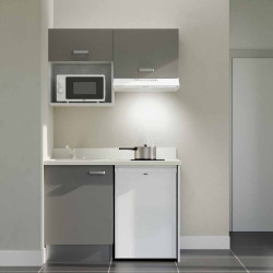 Kitchenette 120 cm K02L équipée avec électroménager blanc inclus - façades grises, plan travail blanc évier à gauche