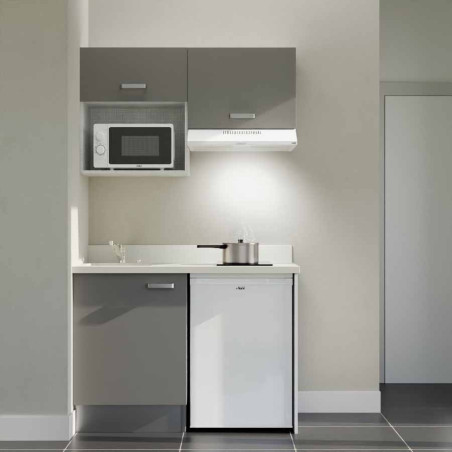 Kitchenette 120 cm K02L équipée avec électroménager blanc inclus - façades grises, plan travail blanc évier à gauche