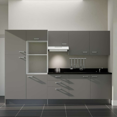 Kitchenette K46L - façades grises, plan monobloc noir évier intégré à droite, hotte blanche