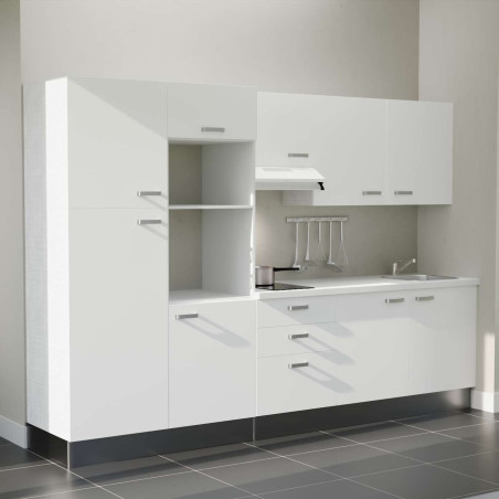 Kitchenette 300 cm K46L-PT façades blanches, plan stratifié blanc, hotte blanche