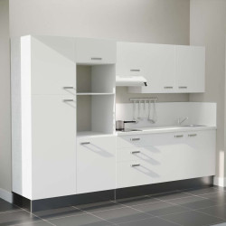 Kitchenette 300 cm K46L-PT façades blanches, plan et crédence stratifiés blanc, hotte blanche