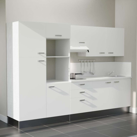 Kitchenette 300 cm K46L-PT façades blanches, plan et crédence stratifiés blanc, hotte blanche