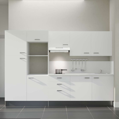 Kitchenette 300 cm K46L-PT façades blanches, plan et crédence stratifiés blanc, hotte blanche