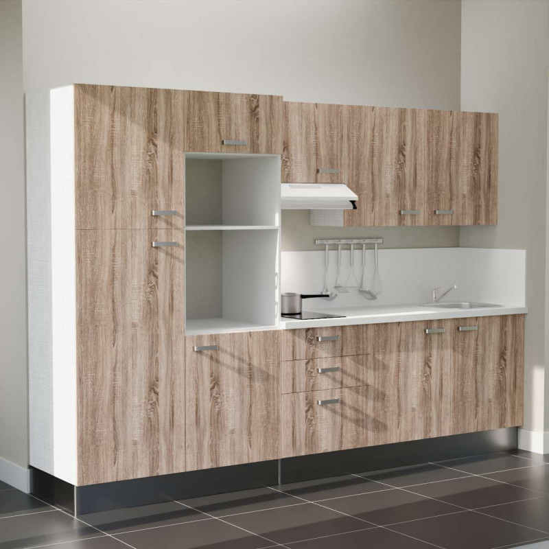 Kitchenette 300 cm K46L-PT façades bois, plan et crédence stratifiés blanc, hotte blanche Kitchenette 300 cm K46L-PT façades bois, plan et crédence stratifiés blanc, hotte blanche