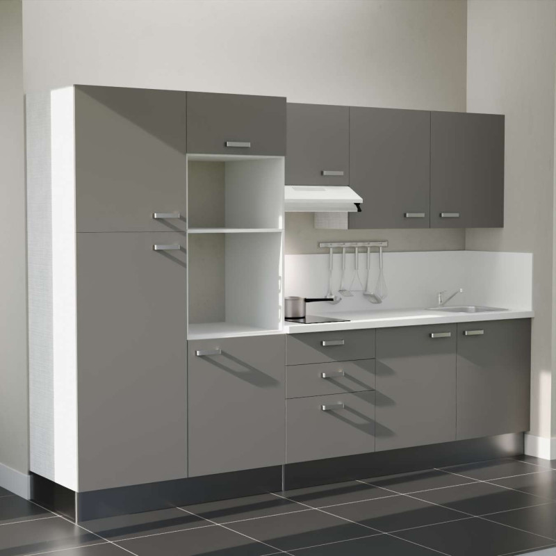 Kitchenette 300 cm K46L-PT façades grises, plan et crédence stratifiés blanc, hotte blanche Kitchenette 300 cm K46L-PT façades grises, plan et crédence stratifiés blanc, hotte blanche