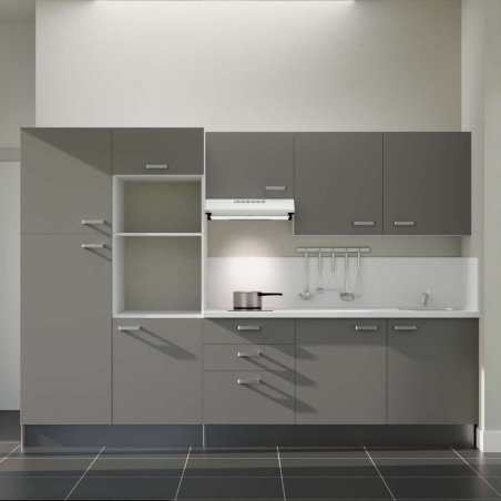 Kitchenette 300 cm K46L-PT façades grises, plan et crédence stratifiés blanc, hotte blanche