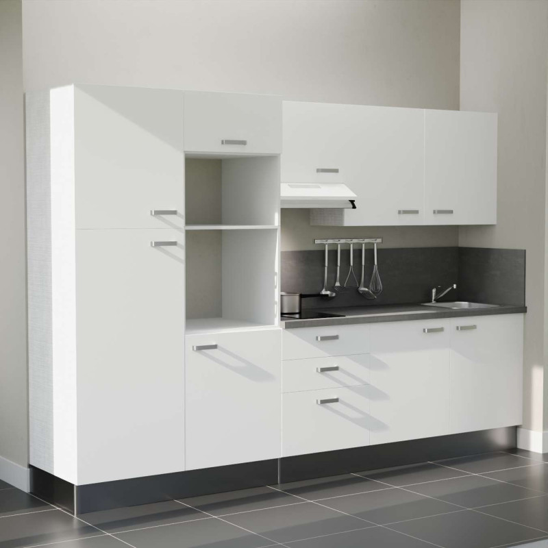 Kitchenette 300 cm K46L-PT façades blanches, plan et crédence stratifiés gris, hotte blanche Kitchenette 300 cm K46L-PT façades blanches, plan et crédence stratifiés gris, hotte blanche