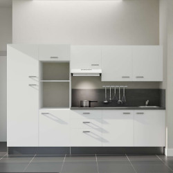 Kitchenette 300 cm K46L-PT façades blanches, plan et crédence stratifiés gris, hotte blanche