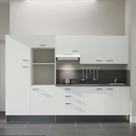 Kitchenette 300 cm K46L-PT façades blanches, plan et crédence stratifiés gris, hotte blanche