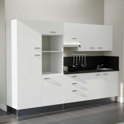Kitchenette 300 cm K46L-PT façades blanches, plan et crédence stratifiés noir, hotte blanche