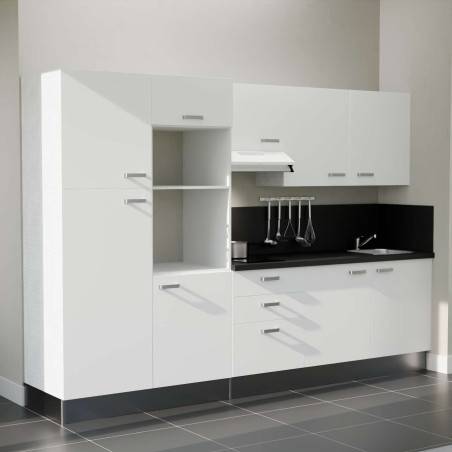 Kitchenette 300 cm K46L-PT façades blanches, plan et crédence stratifiés noir, hotte blanche