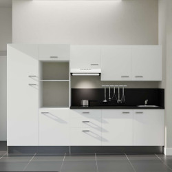 Kitchenette 300 cm K46L-PT façades blanches, plan et crédence stratifiés noir, hotte blanche