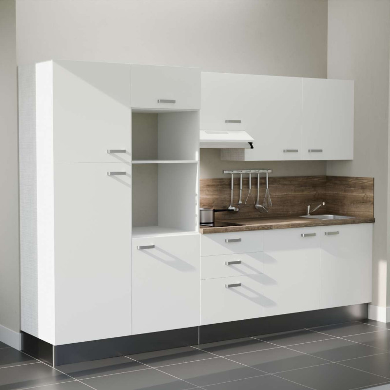 Kitchenette 300 cm K46L-PT façades blanches, plan et crédence stratifiés chêne, hotte blanche Kitchenette 300 cm K46L-PT façades blanches, plan et crédence stratifiés chêne, hotte blanche