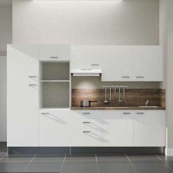 Kitchenette 300 cm K46L-PT façades blanches, plan et crédence stratifiés chêne, hotte blanche