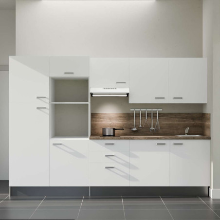Kitchenette 300 cm K46L-PT façades blanches, plan et crédence stratifiés chêne, hotte blanche