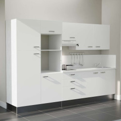 Kitchenette 300 cm K46L-PT façades blanches, plan et crédence stratifiés blanc, hotte inox