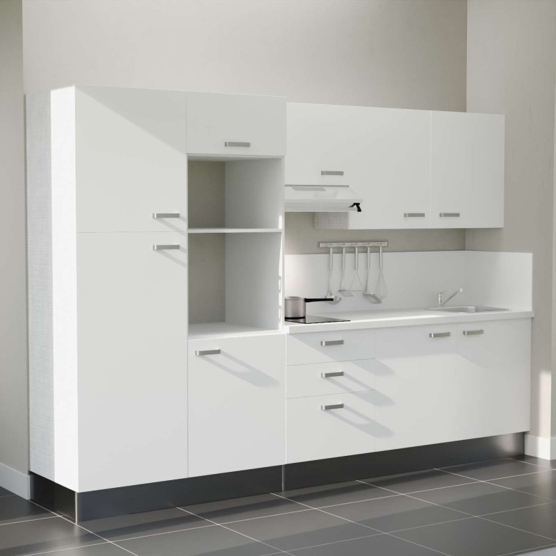 Kitchenette 300 cm K46L-PT façades blanches, plan et crédence stratifiés blanc, hotte inox Kitchenette 300 cm K46L-PT façades blanches, plan et crédence stratifiés blanc, hotte inox