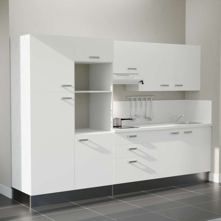 Kitchenette 300 cm K46L-PT façades blanches, plan et crédence stratifiés blanc, hotte inox