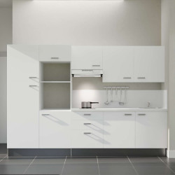 Kitchenette 300 cm K46L-PT façades blanches, plan et crédence stratifiés blanc, hotte inox
