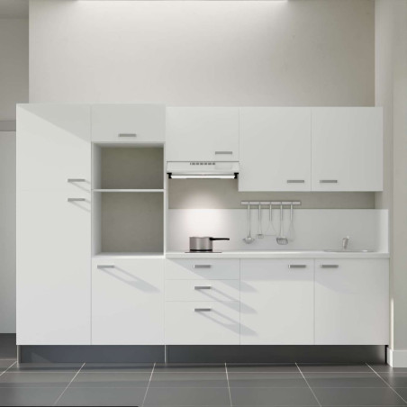 Kitchenette 300 cm K46L-PT façades blanches, plan et crédence stratifiés blanc, hotte inox