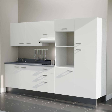 Kitchenette K46L - façades blanches, plan monobloc gris évier intégré à gauche, hotte blanche