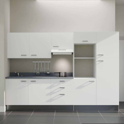 Kitchenette K46L - façades blanches, plan monobloc gris évier intégré à gauche, hotte blanche