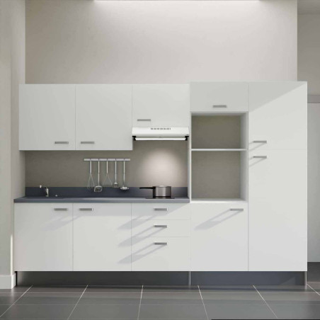 Kitchenette K46L - façades blanches, plan monobloc gris évier intégré à gauche, hotte blanche
