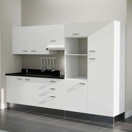 Kitchenette K46L - façades blanches, plan monobloc noir évier intégré à gauche, hotte blanche