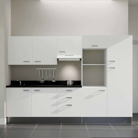 Kitchenette K46L - façades blanches, plan monobloc noir évier intégré à gauche, hotte blanche