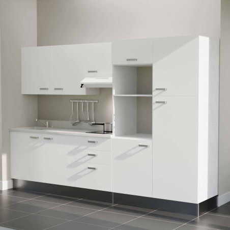Kitchenette K46L - façades blanches, plan monobloc blanc évier intégré à gauche, hotte blanche
