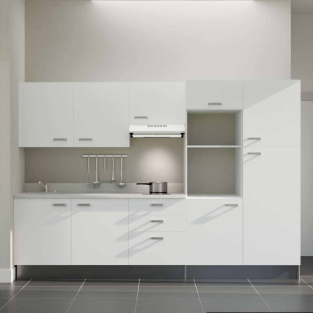 Kitchenette K46L - façades blanches, plan monobloc blanc évier intégré à gauche, hotte blanche