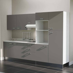Kitchenette K46L - façades grises, plan monobloc blanc évier intégré à gauche, hotte blanche