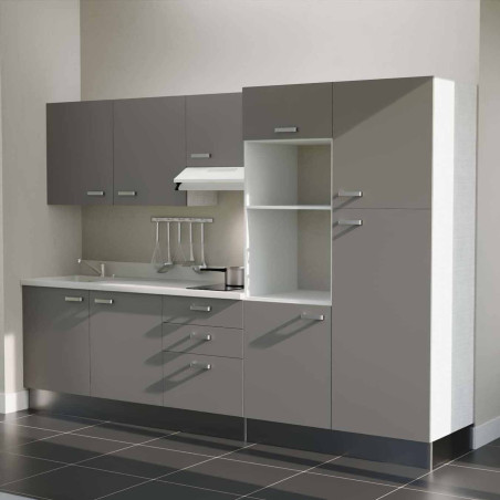 Kitchenette K46L - façades grises, plan monobloc blanc évier intégré à gauche, hotte blanche