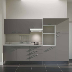 Kitchenette K46L - façades grises, plan monobloc blanc évier intégré à gauche, hotte blanche