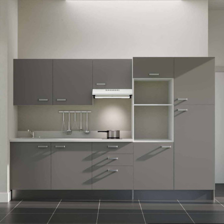 Kitchenette K46L - façades grises, plan monobloc blanc évier intégré à gauche, hotte blanche