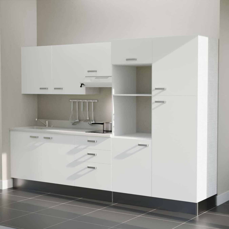 Kitchenette K46L - façades blanches, plan monobloc blanc évier intégré à gauche, hotte inox Kitchenette K46L - façades blanches, plan monobloc blanc évier intégré à gauche, hotte inox