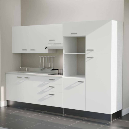 Kitchenette K46L - façades blanches, plan monobloc blanc évier intégré à gauche, hotte inox
