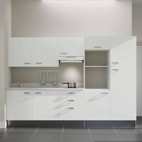 Kitchenette K46L - façades blanches, plan monobloc blanc évier intégré à gauche, hotte inox