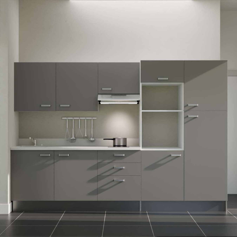 Kitchenette K46L - façades grises, plan monobloc blanc évier intégré à gauche, hotte inox Kitchenette K46L - façades grises, plan monobloc blanc évier intégré à gauche, hotte inox