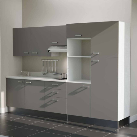 Kitchenette K46L - façades grises, plan monobloc blanc évier intégré à gauche, hotte inox